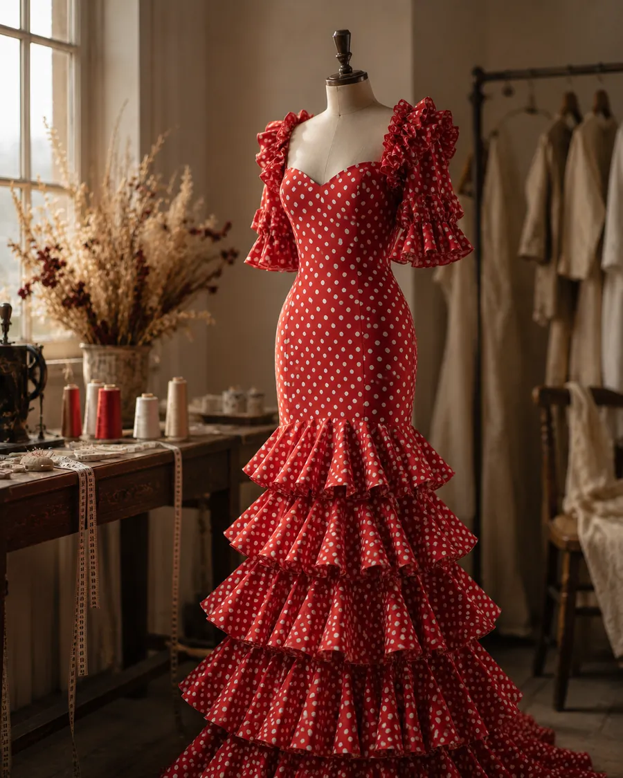 Traje de flamenca rojo de lunares blancos con volantes, confeccionado a medida en Málaga