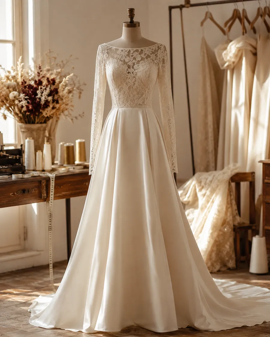 Vestido de novia de alta costura en encaje y raso, confeccionado a medida en el taller de Málaga