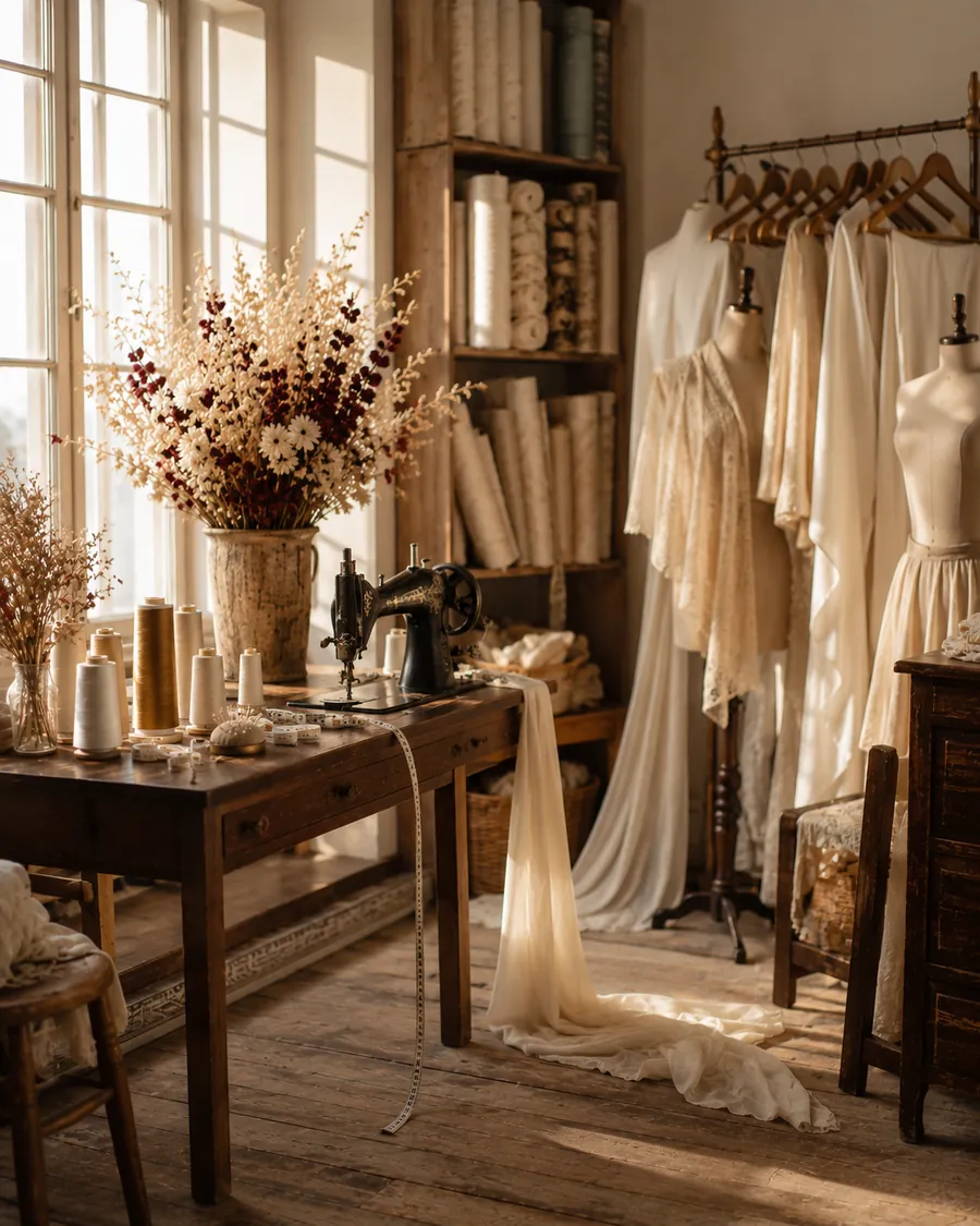 Interior del taller de costura Luz Novias y Fiesta en Málaga, con máquina de coser antigua, maniquíes y telas